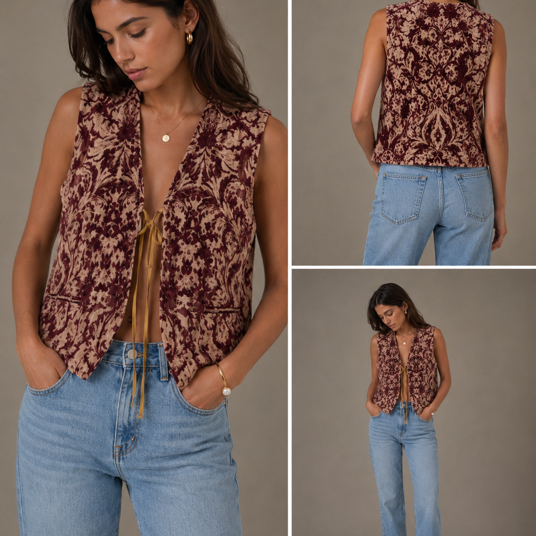 Burgundy Floral Velvet Vest