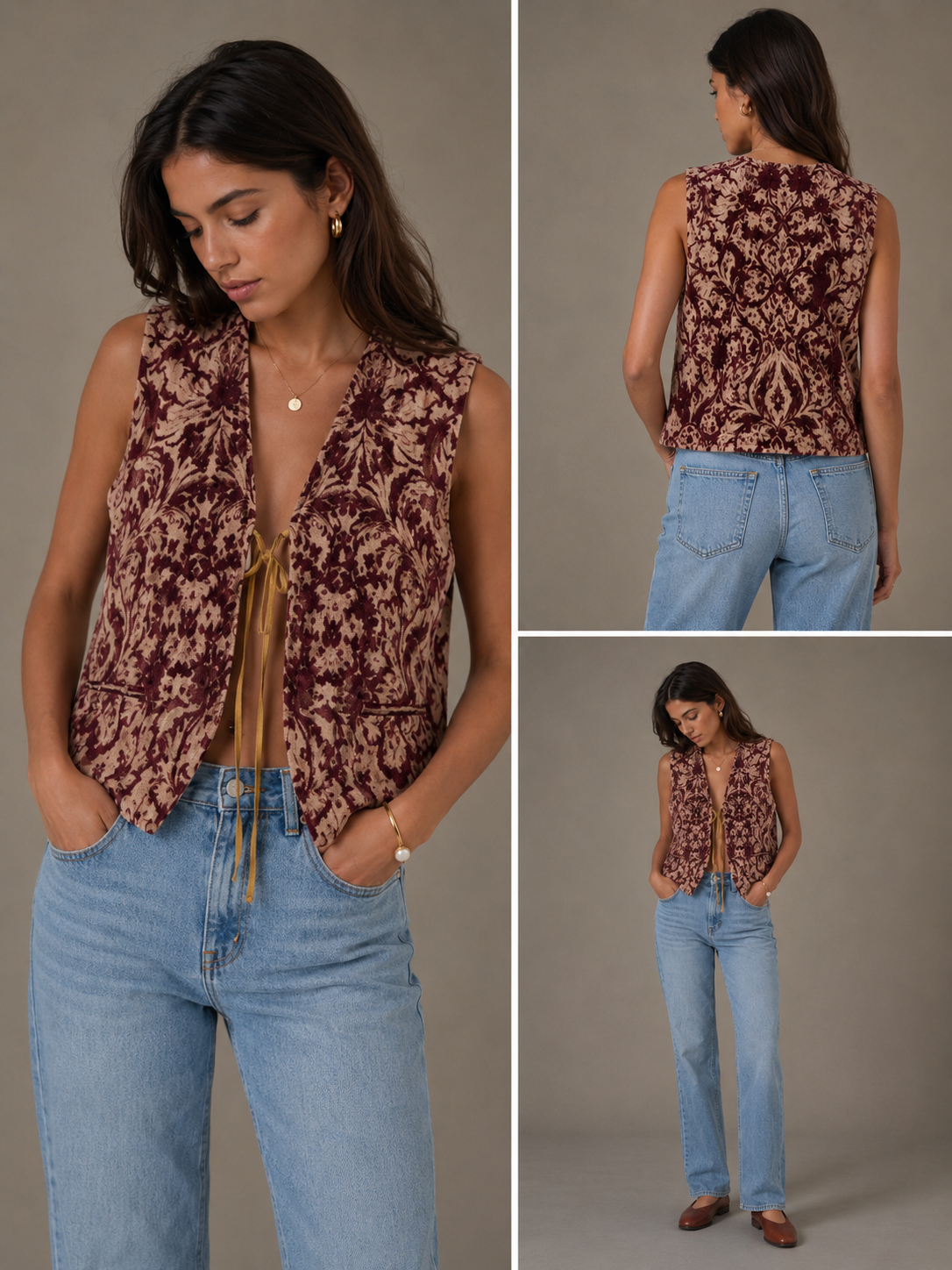 Burgundy Floral Velvet Vest