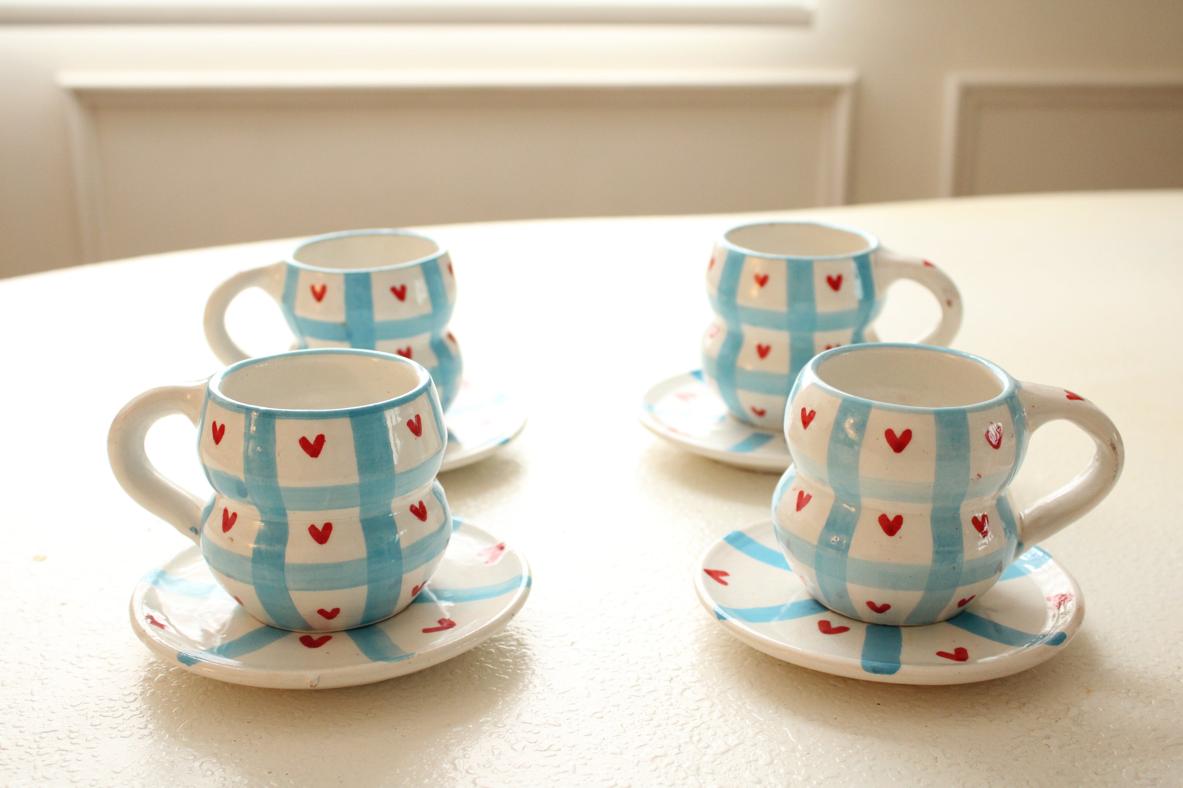 #11 - Blue Check & Heart Mugs and Saucer Set (Set of 4)