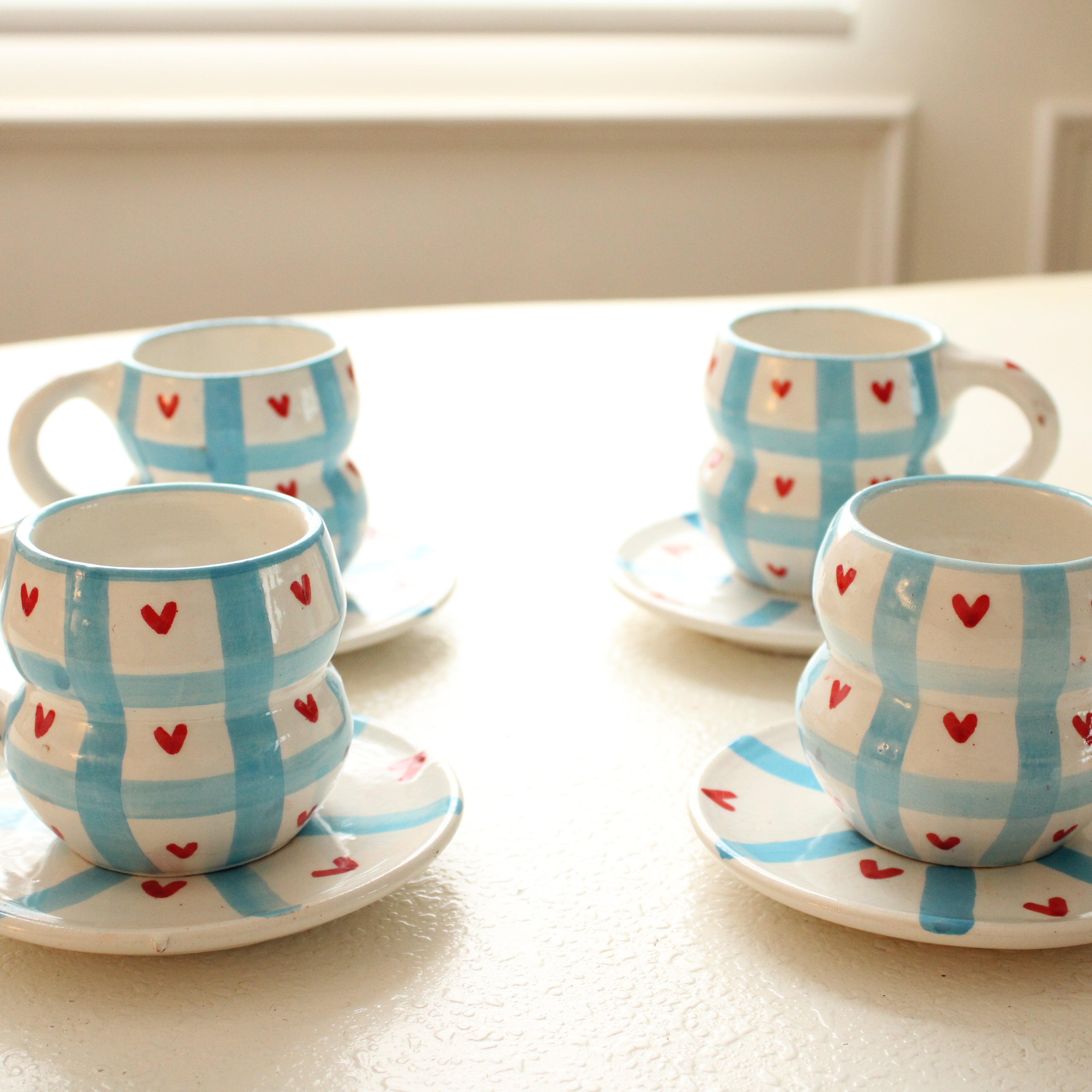 #11 - Blue Check & Heart Mugs and Saucer Set (Set of 4)