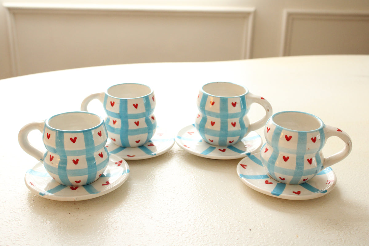 #11 - Blue Check & Heart Mugs and Saucer Set (Set of 4)
