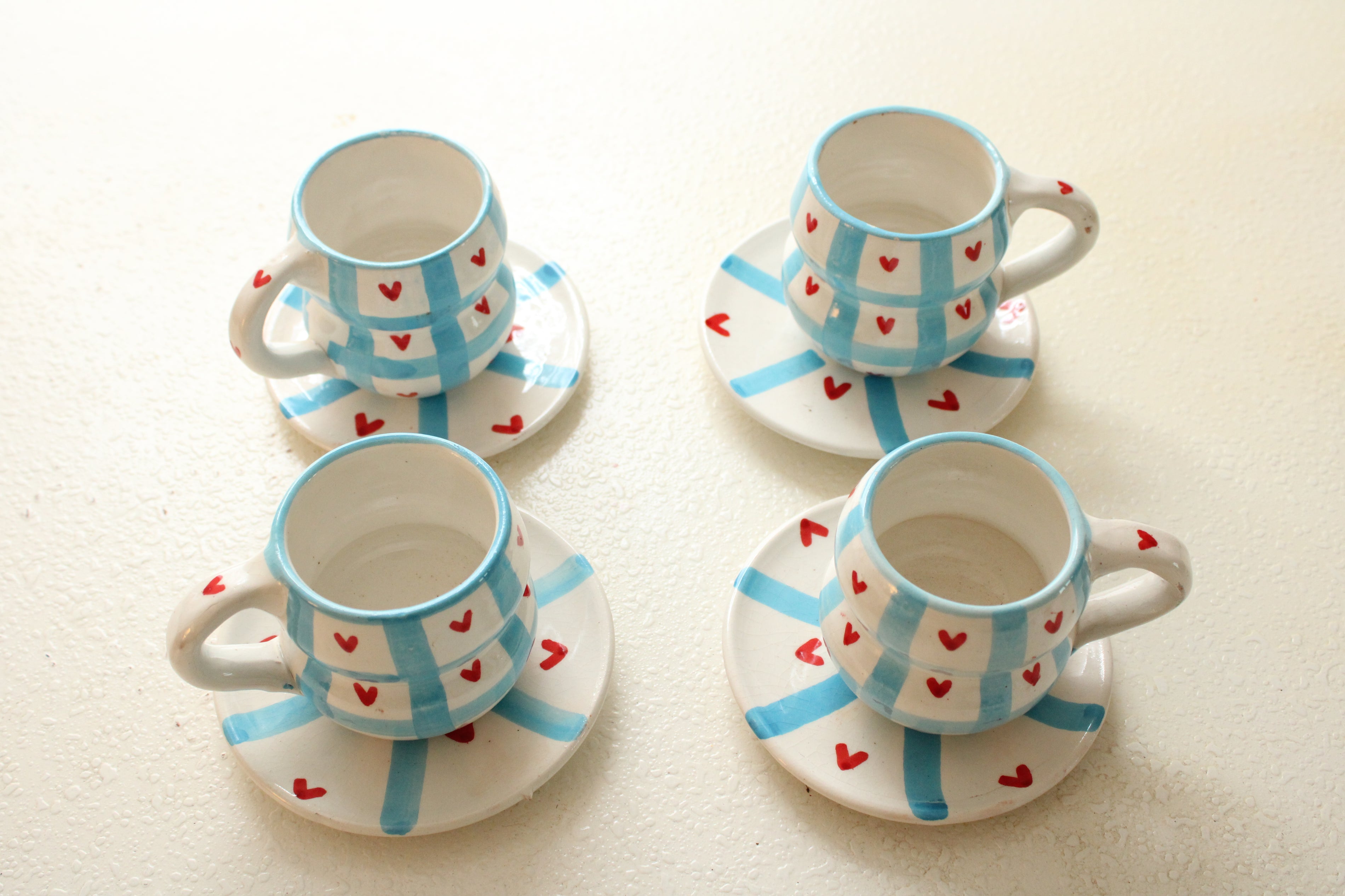 #11 - Blue Check & Heart Mugs and Saucer Set (Set of 4)