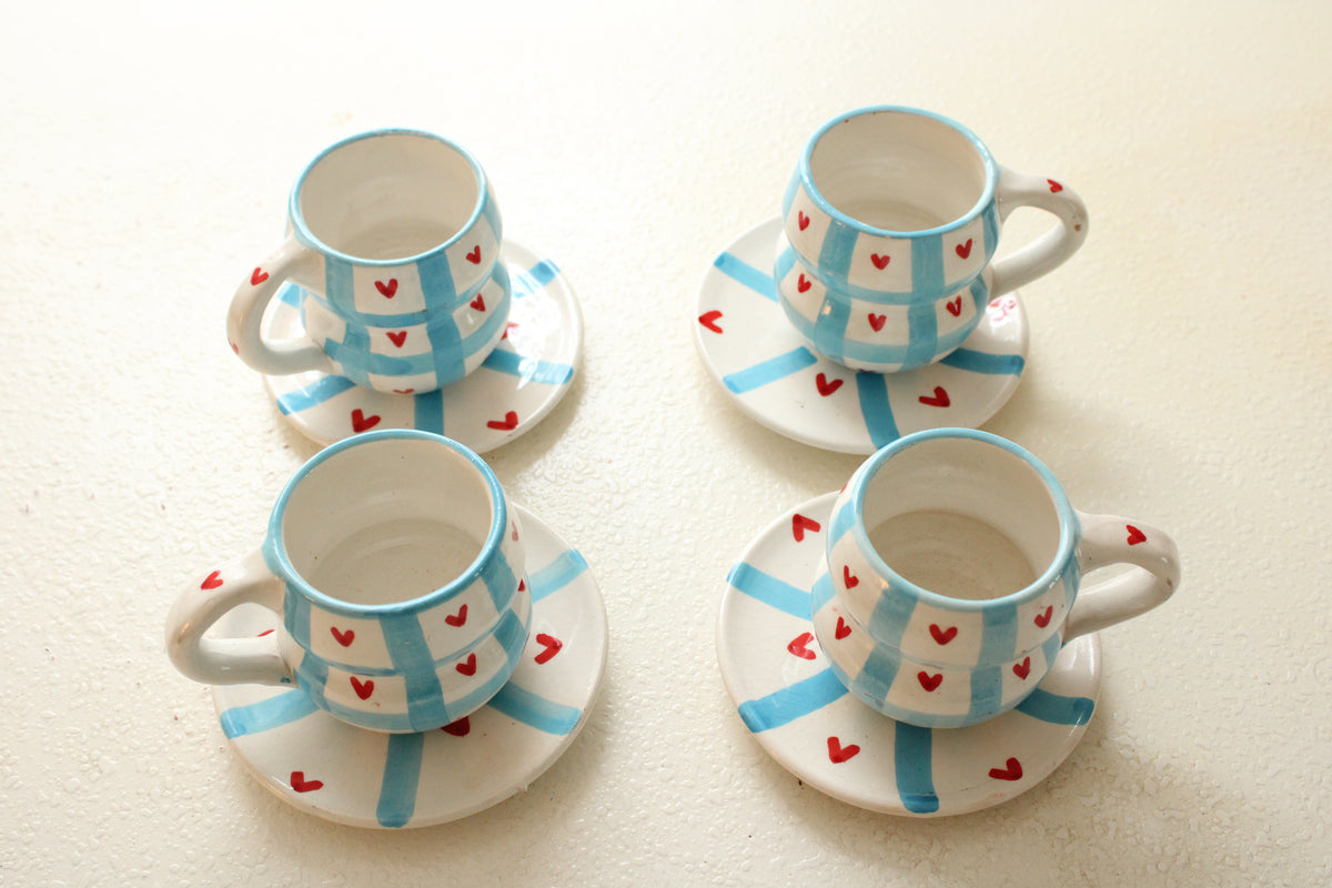 #11 - Blue Check & Heart Mugs and Saucer Set (Set of 4)