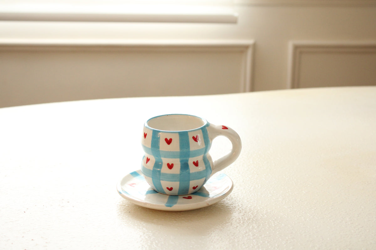 #11 - Blue Check & Heart Mugs and Saucer Set (Set of 4)